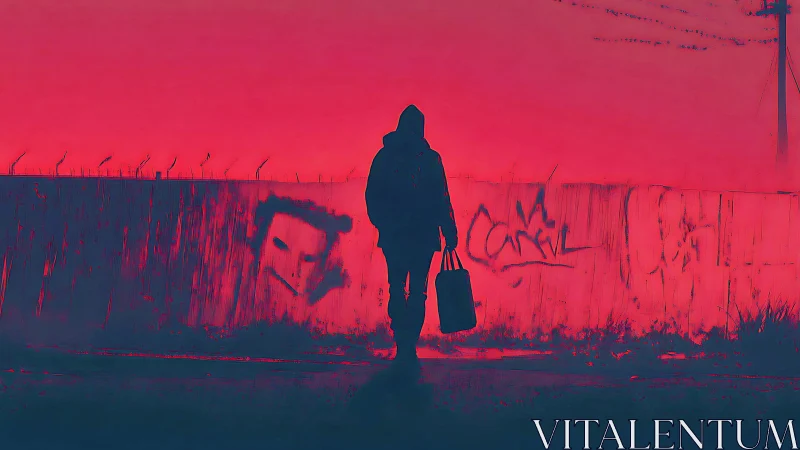 Solitary evening walk glows against bold neon graffiti wall