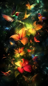 Hummingbirds and firefly blossoms weaving a glowing jungle spell.