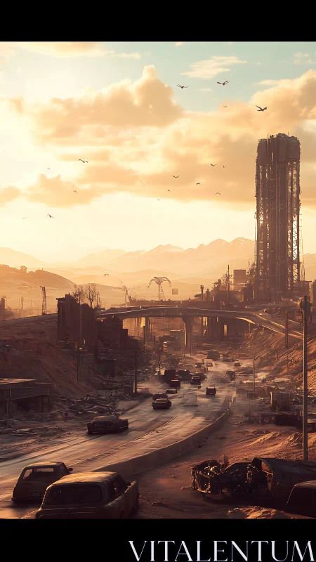 Golden light washes over a quiet post apocalyptic highway