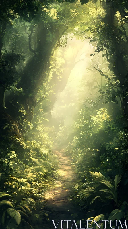 Forest path with canopy light penetration and layered vegetation.