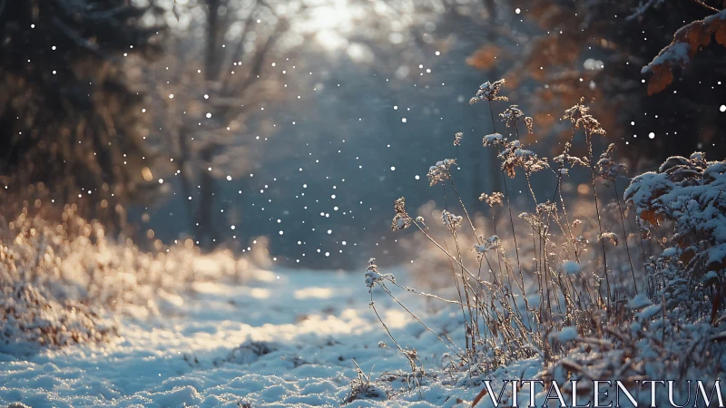 Snow-covered forest path shows falling flakes in soft focus