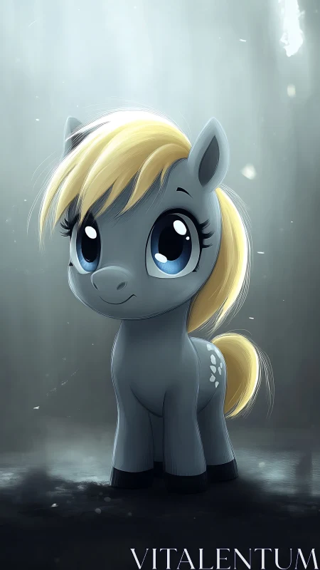 Starlit baby pony glows softly in a misty dreamlight hall.