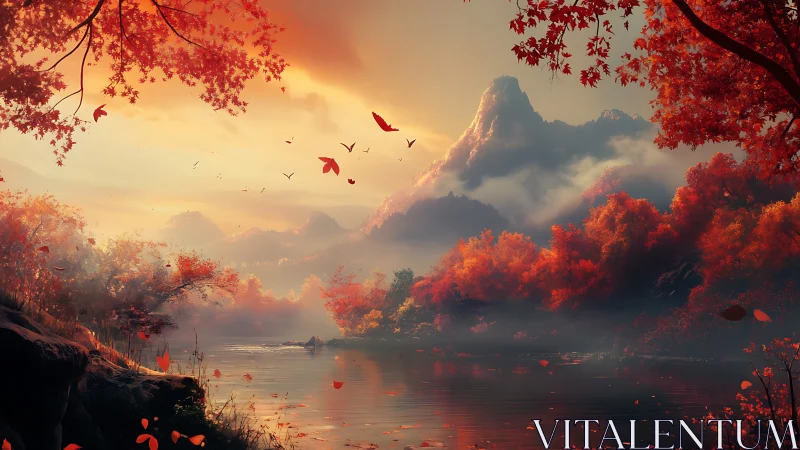 Autumn mountains glow over a tranquil misty river at dusk.