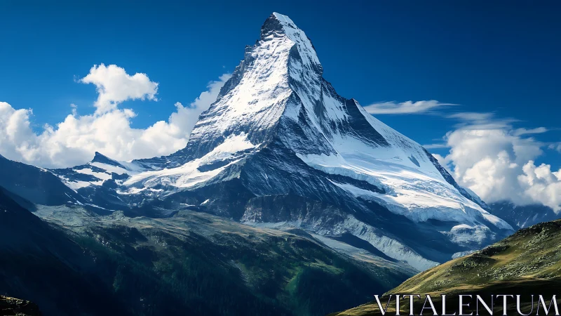 Sunlit alpine peak rises above valleys under clear skies