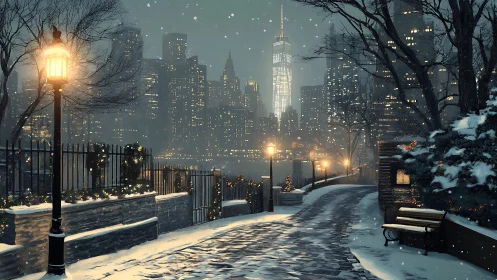 Snow covered city park path with illuminated skyline at night.