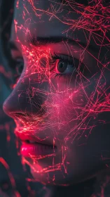 Cybernetic portrait with red neural light filaments on skin