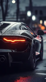 Night rain supercar prowl with neon ember taillights.