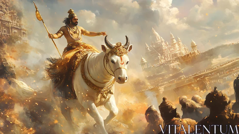 Sunlit warrior-king astride divine white steed in golden storm.