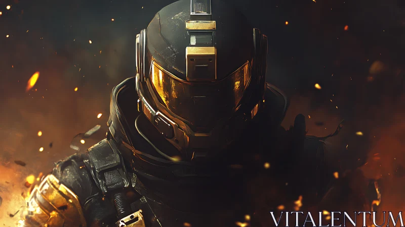 Armored sci fi soldier emerging through molten embers.