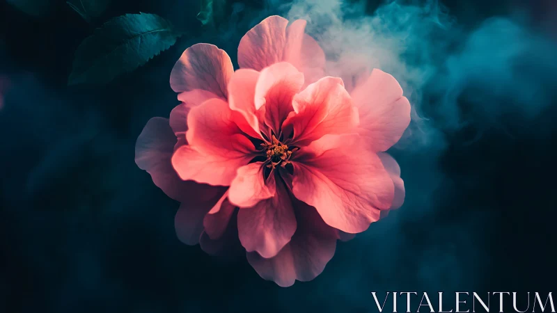 Coral pink peony flower against deep teal atmospheric background