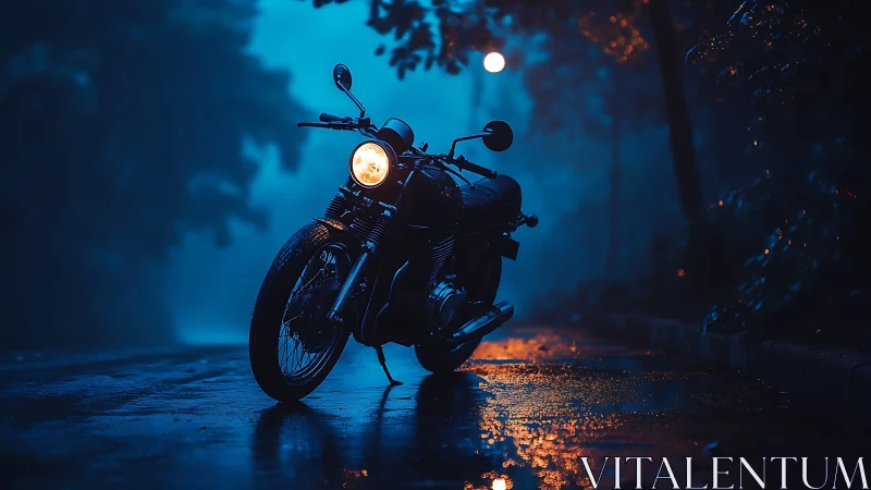 Cinematic motorcycle portrait on misty blue night roadway.