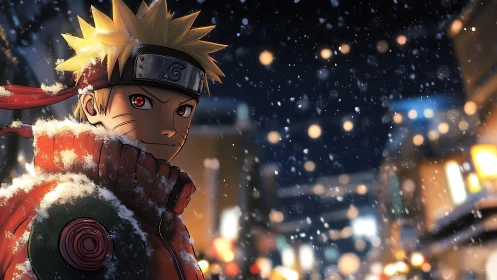Snowlit shinobi portrait with dynamic bokeh and rim lighting.