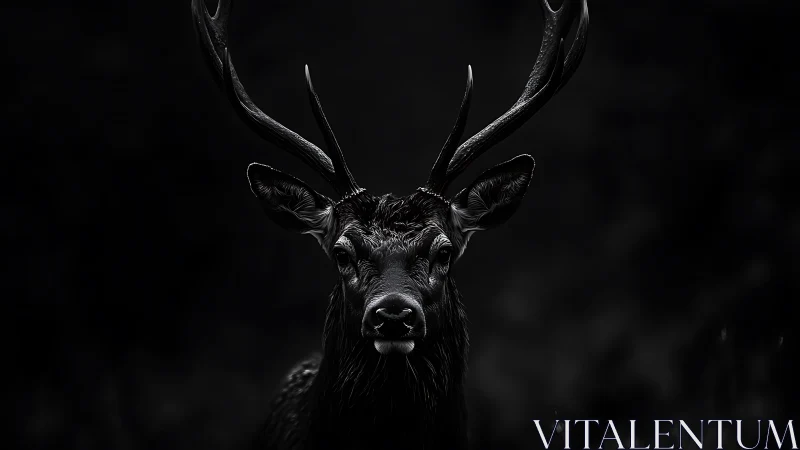 Moody midnight stag portrait with glistening antlers glow.