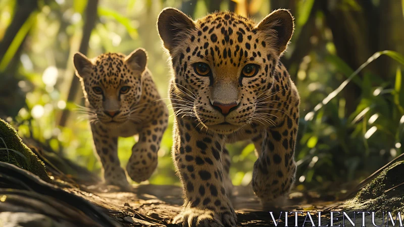 Spotted Shadows Stride Together Through Jungle Light