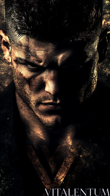 Battle-scarred warrior portrait sinks into fractured shadow