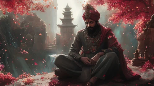 Seated robed figure in ornate attire within red forest temple.