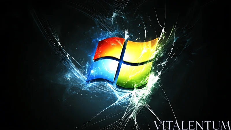 Glowing window emblem with explosive digital energy burst.