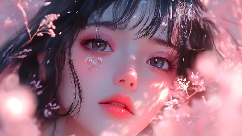 Soft pink dreamscape frames a wistful anime girl portrait