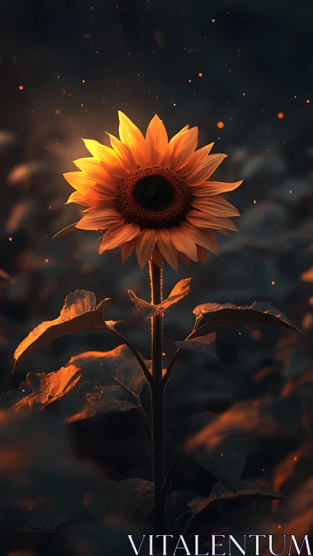 Digital painting study of luminous sunflower in dusk field.