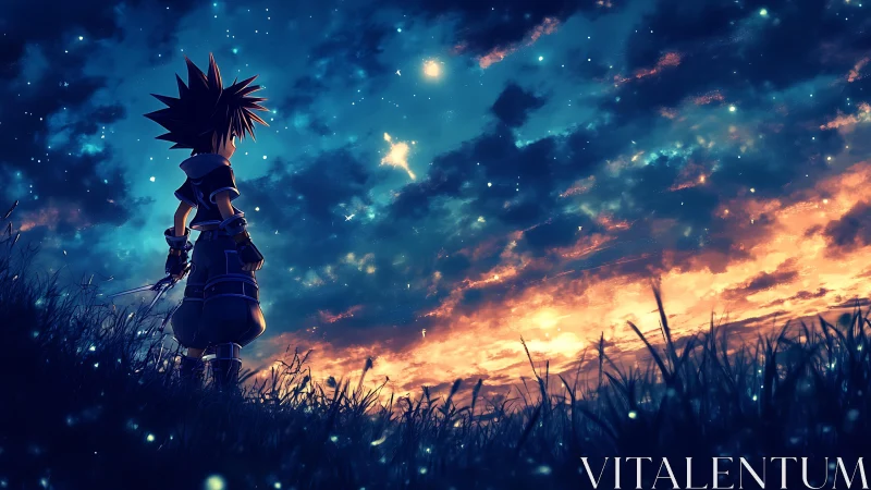 Backlit anime figure surveying bioluminescent dusk horizon.