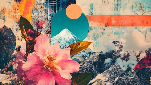Floral mountain collage merges retro geometry and bold color.