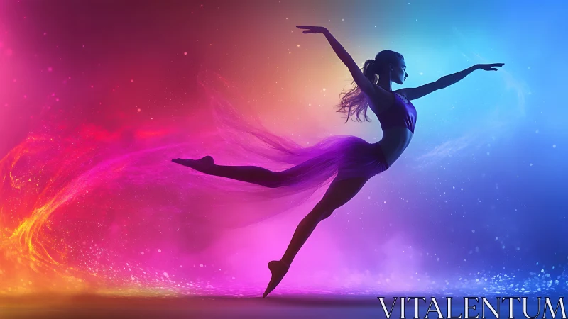 Silhouetted ballerina leaping through radiant neon color fields.