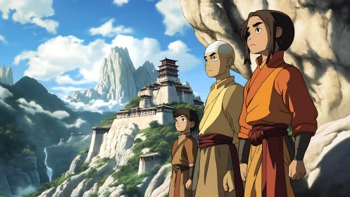 Young monks survey mountain temple from rocky ledge