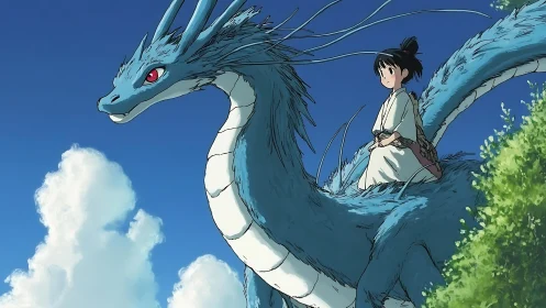 Girl riding blue dragon against clear sky and clouds.