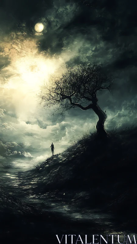 Solitary wanderer under moonlit storm sky on dark path.