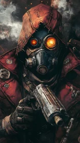 Post-apocalyptic ranger aims pistol through toxic haze.