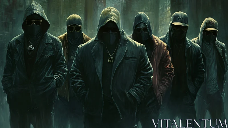 Masked urban gang stands unified in rain-soaked alleyway