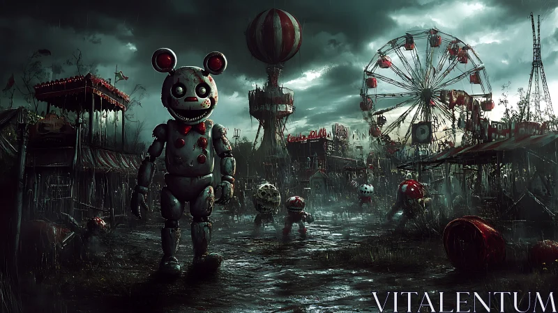 Rusty carnival robot wandering through a haunted fairground.