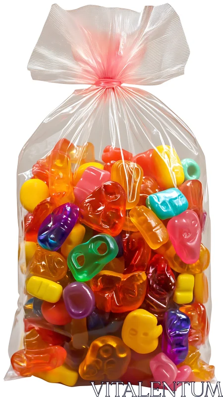 Rainbow Gummy Treasure Bursting from Clear Cellophane.