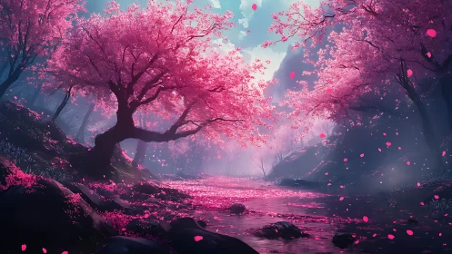 Pink blossom trees line reflective river in stylized valley