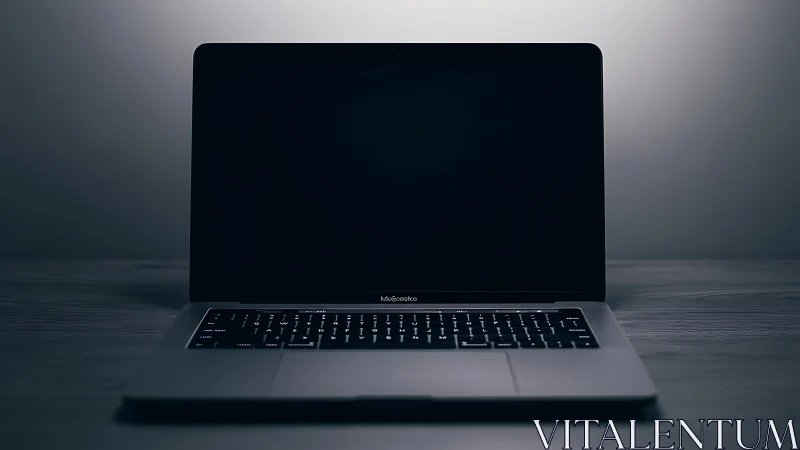 Open laptop with dark screen on plain surface in low light.