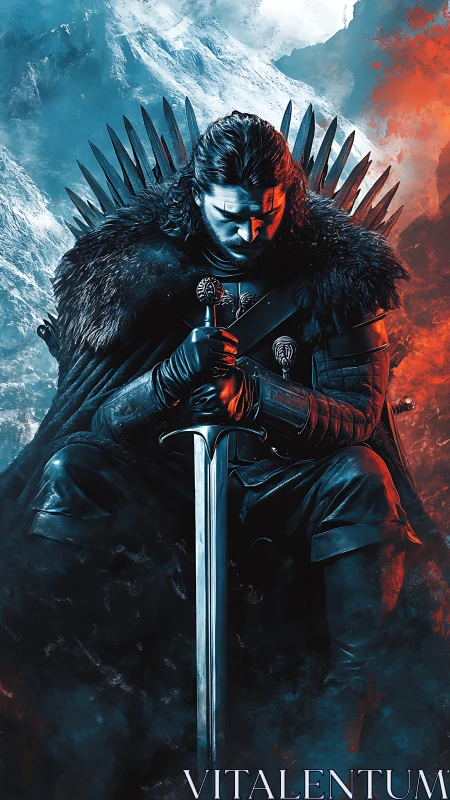 Brooding warrior grips sword on throne amid fire and ice