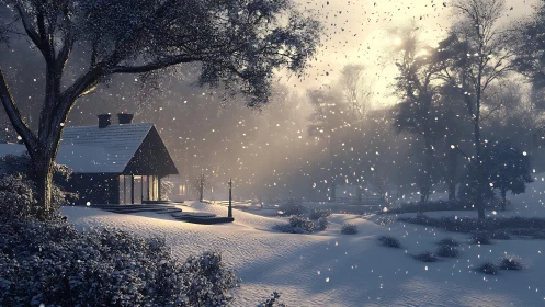 Snow-dusted cabin glows quietly beneath a winter sunrise.