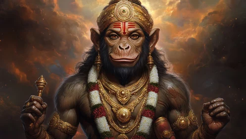 Anthropomorphic monkey deity in ornate golden regalia.