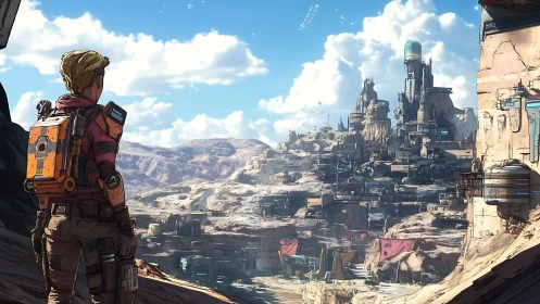 Explorer observes fortified settlement across arid canyon