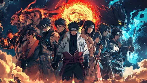 Naruto-inspired shinobi lineup under fiery and icy sky.