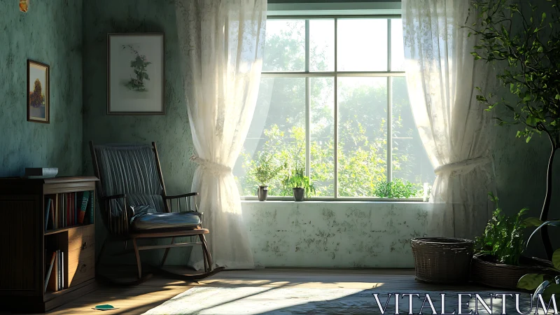 Sunlit reading nook with plants and a cozy rocking chair.