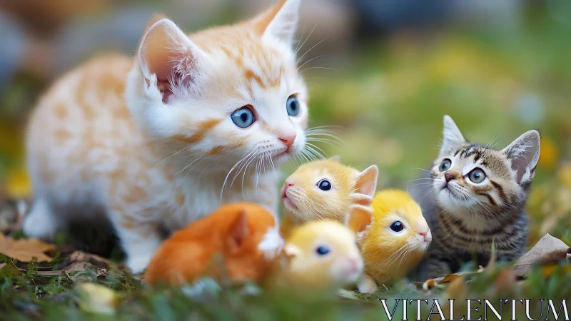 Pastoral Kitten Assembly: Interspecies Tender Moment in Rendered Naturalism.