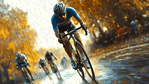 Competitive Cyclists Racing Through Autumn Downpour Rendered Digitally