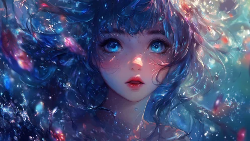 Starlit blue haired girl gazes upward in a dreamy glow
