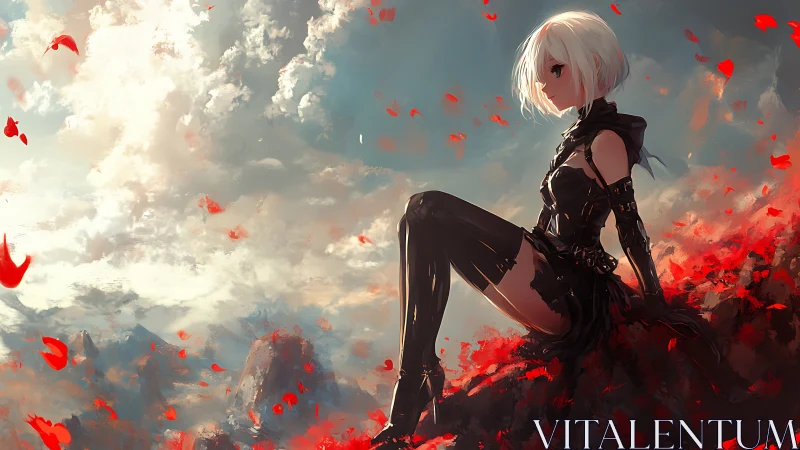 Stormlit dreamer resting among wild crimson petals.