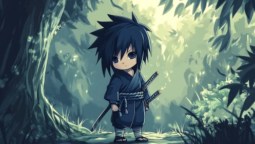 Chibi-style dark-haired ninja child in dense forest scene.