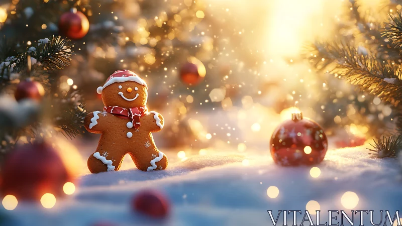 Gingerbread friend glowing in cozy holiday forest light.
