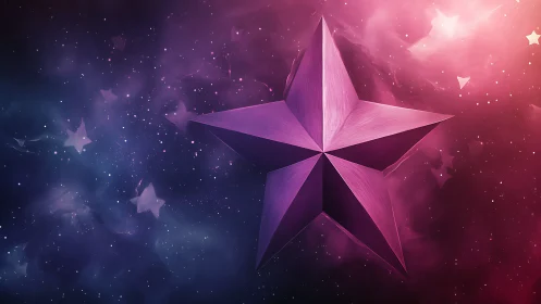 Purple 3D star floating in luminous cosmic nebula field.