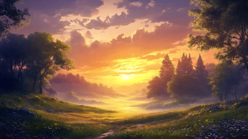 Sunset light over misty forest valley and open meadow.