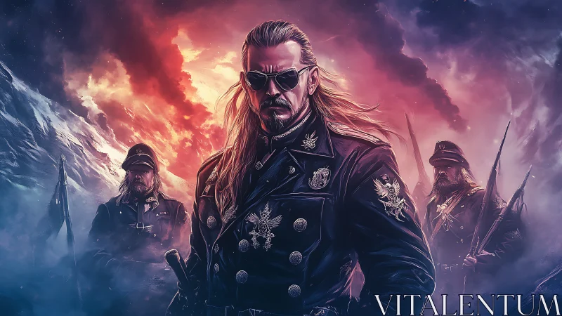 Central military figure stands before armed companions